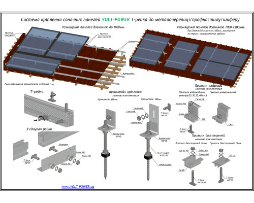 Система кріплення сонячної панелі (на 1 шт) VOLT POWER 12T-R Т-рейка для панелей 535W-655W -35мм